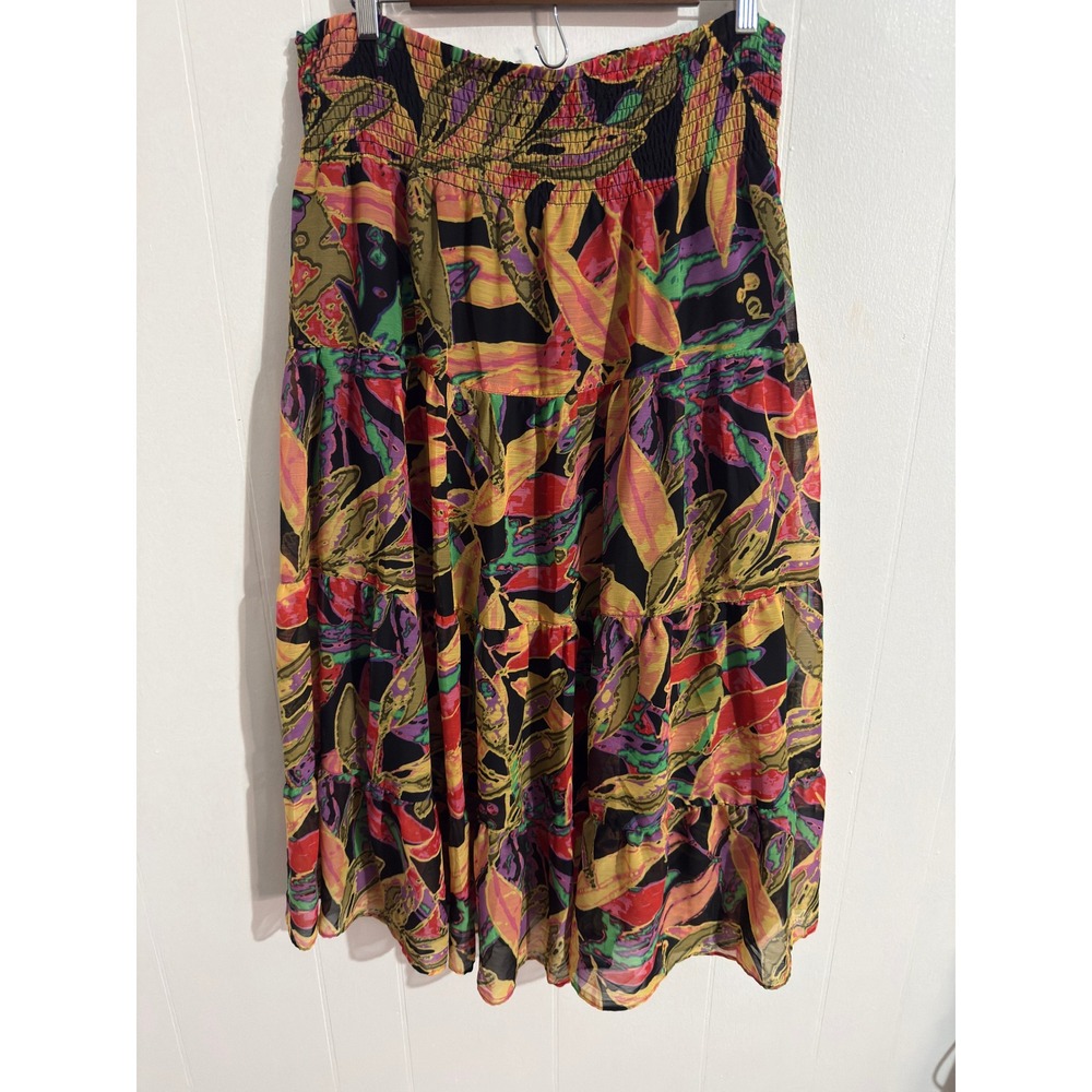 Fashion Bug Tiered Maxi Skirt Women XL Multicolor Boho Y2K Smocked Waist Floral
